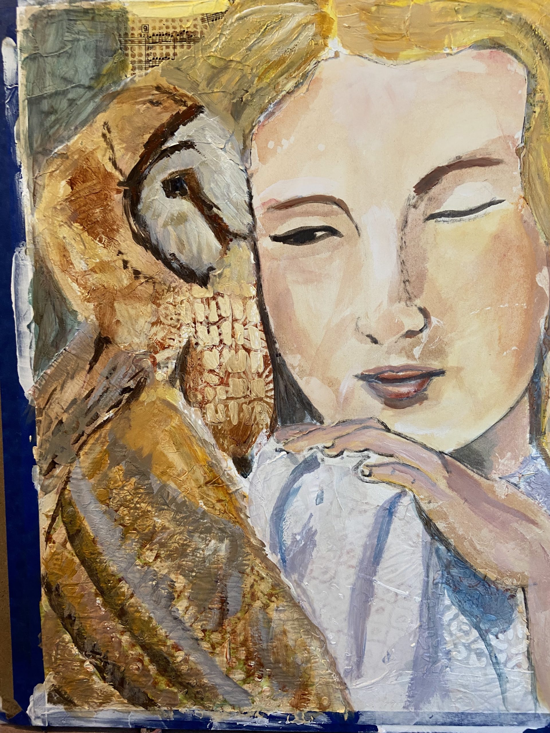 Painting of a girl with an owl on her shoulder using acrylic paint over collage paper