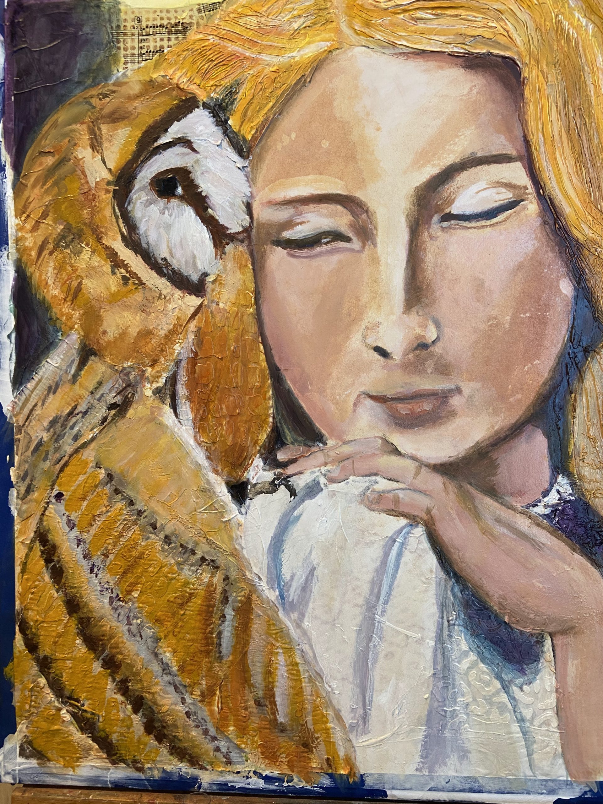 Mixed media painting of a girl with an owl on her shoulder using collage, texture paste, and acrylic paint.