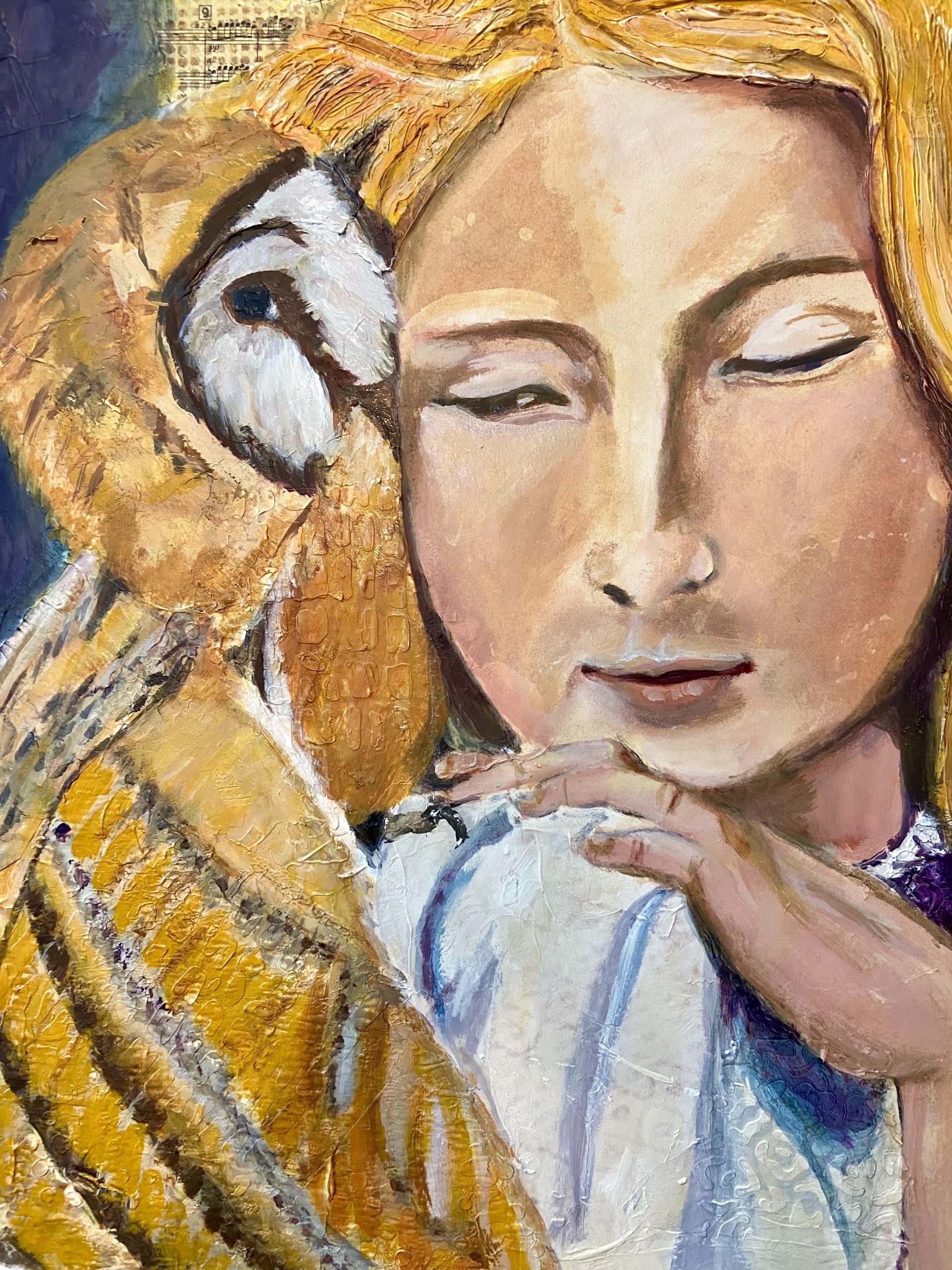 Mixed media painting of a girl with an owl on her shoulder using collage, texture paste, acrylic paint, and oil paint.