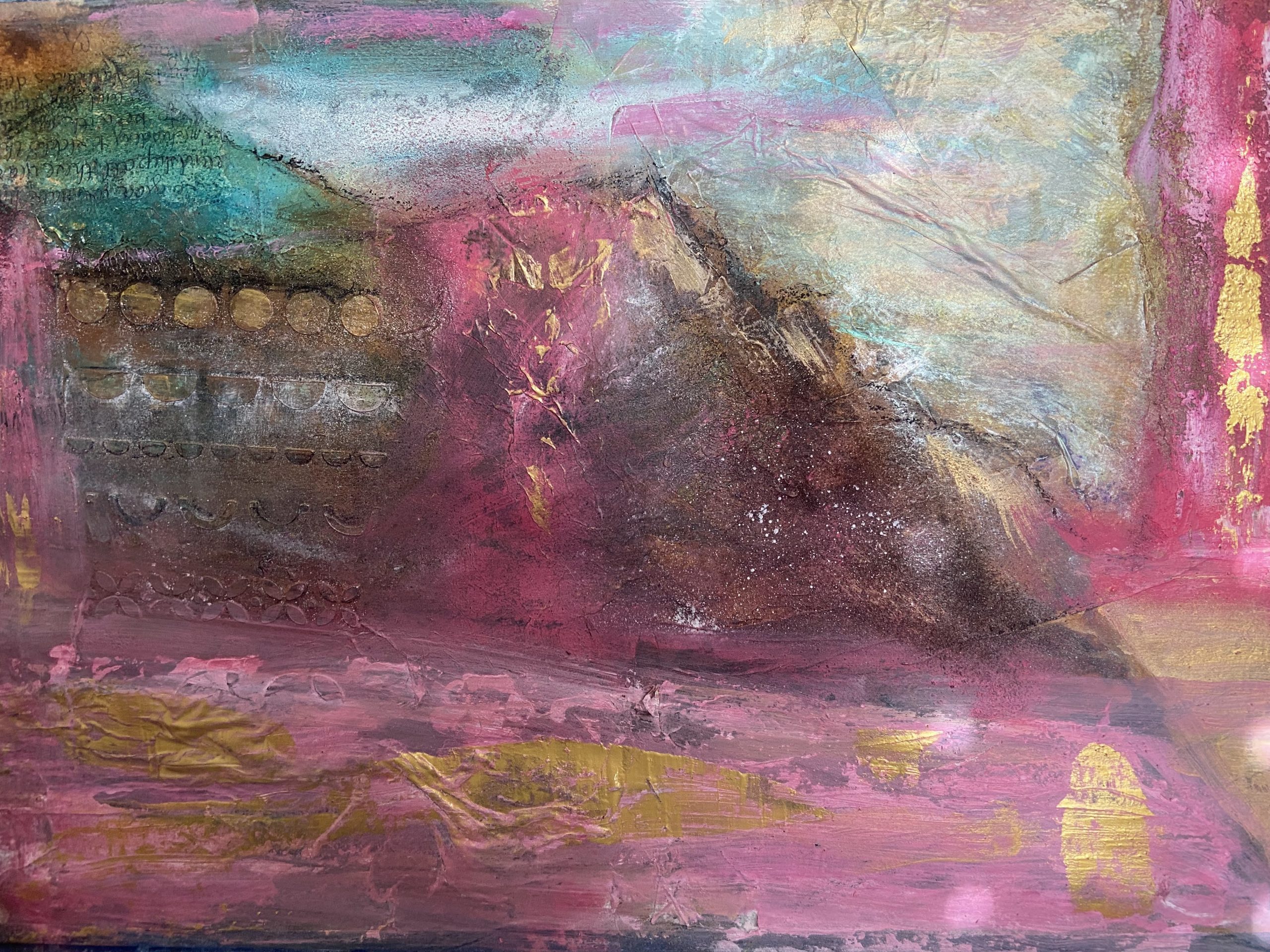 Abstract landscape highlighted with pink and gold.