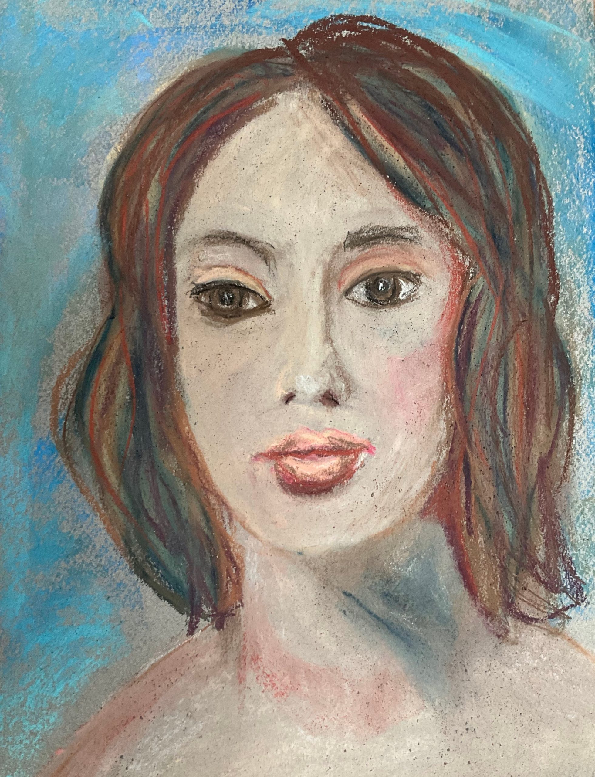 Pastel portrait of a young woman with brown hair.