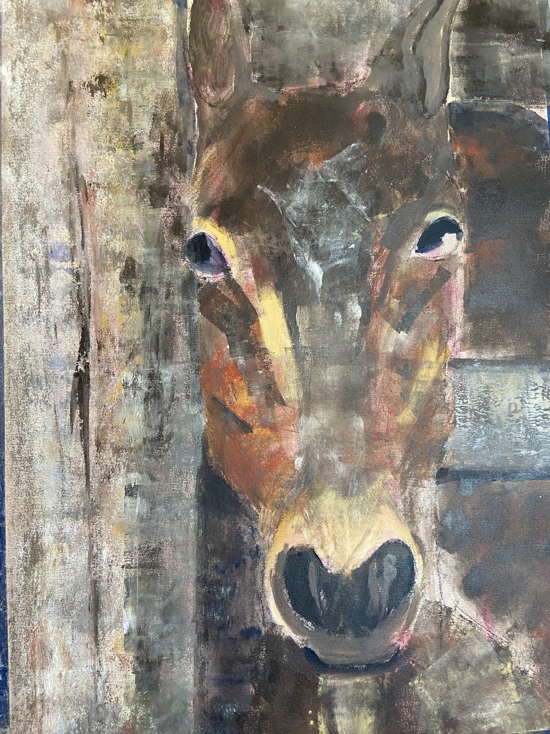Second layer of a mixed media painting of a horse head