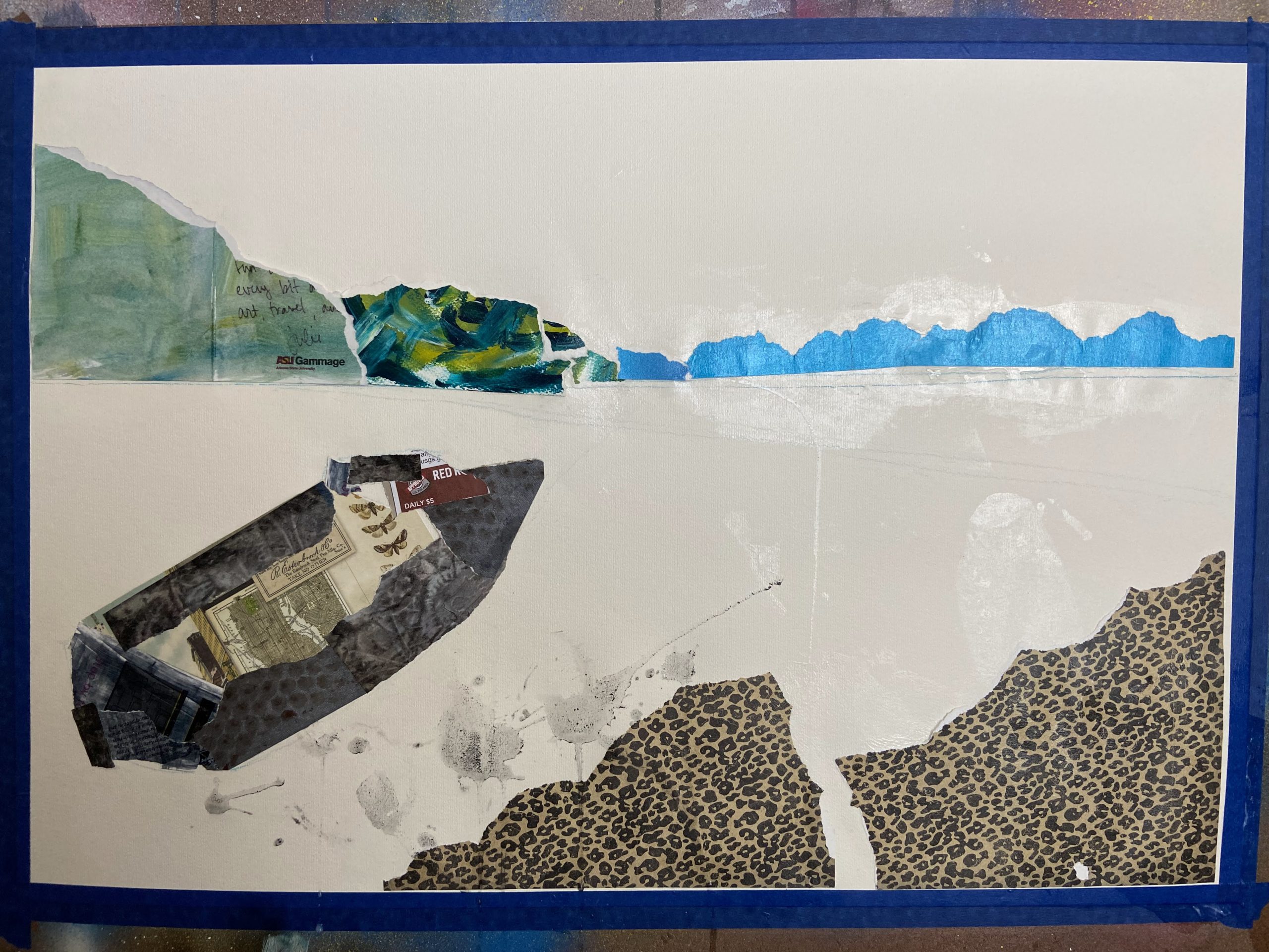 Collage layer of a boat beached on a shore