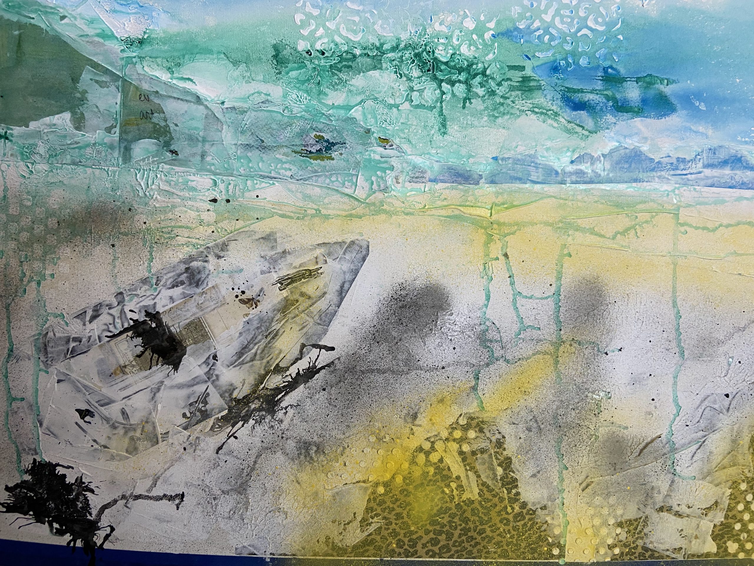 Second layer of a painting of a boat on a shor using stencils and fiber past