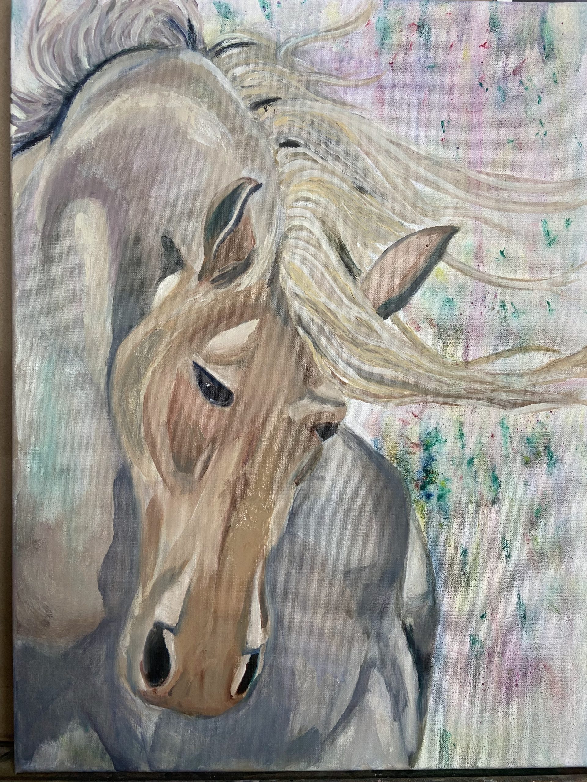 Painting of a horse done portrait-style with repaired canvas holes.