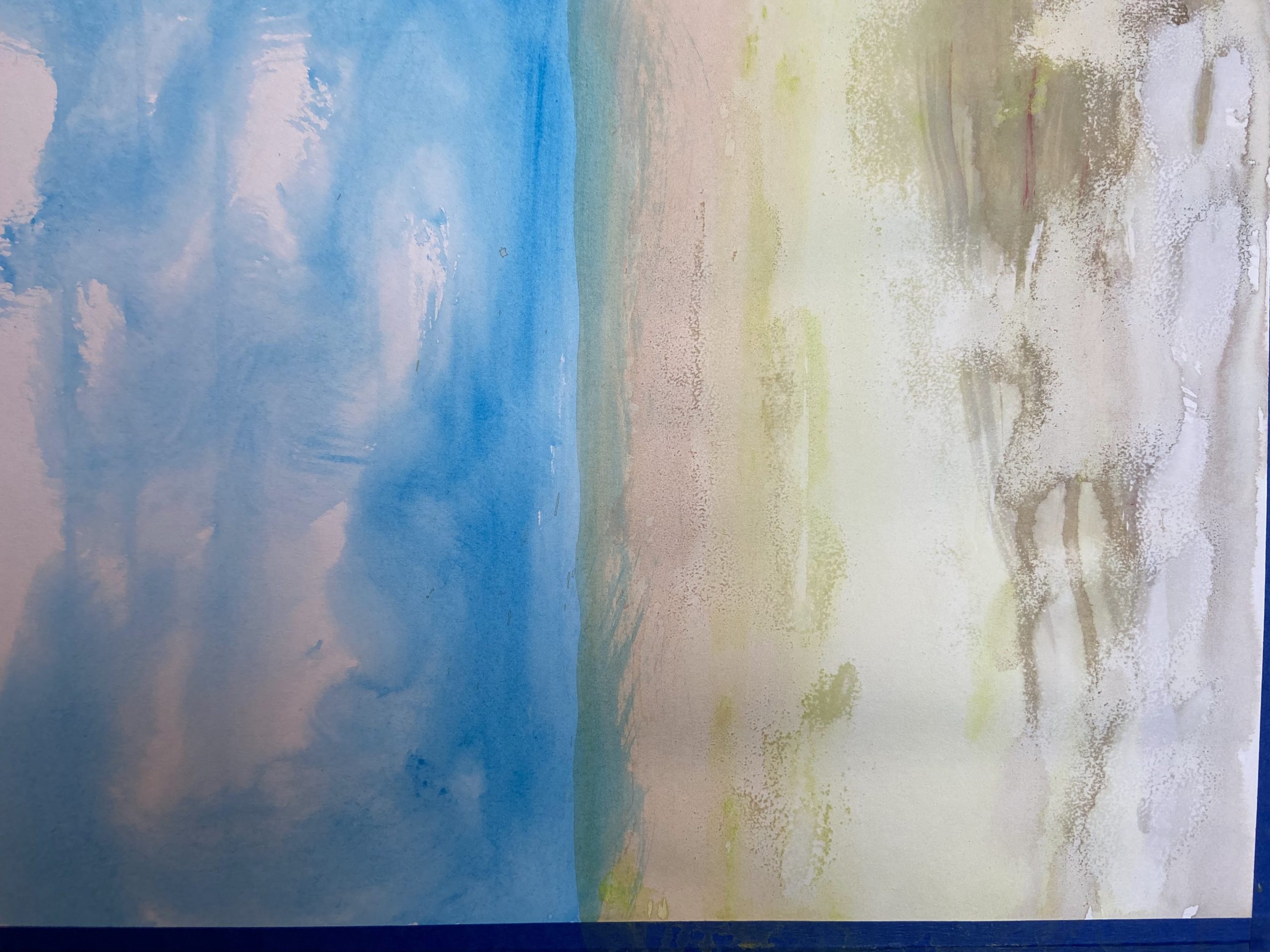 Background painting with acrylic layers in blues, reds, and greens.