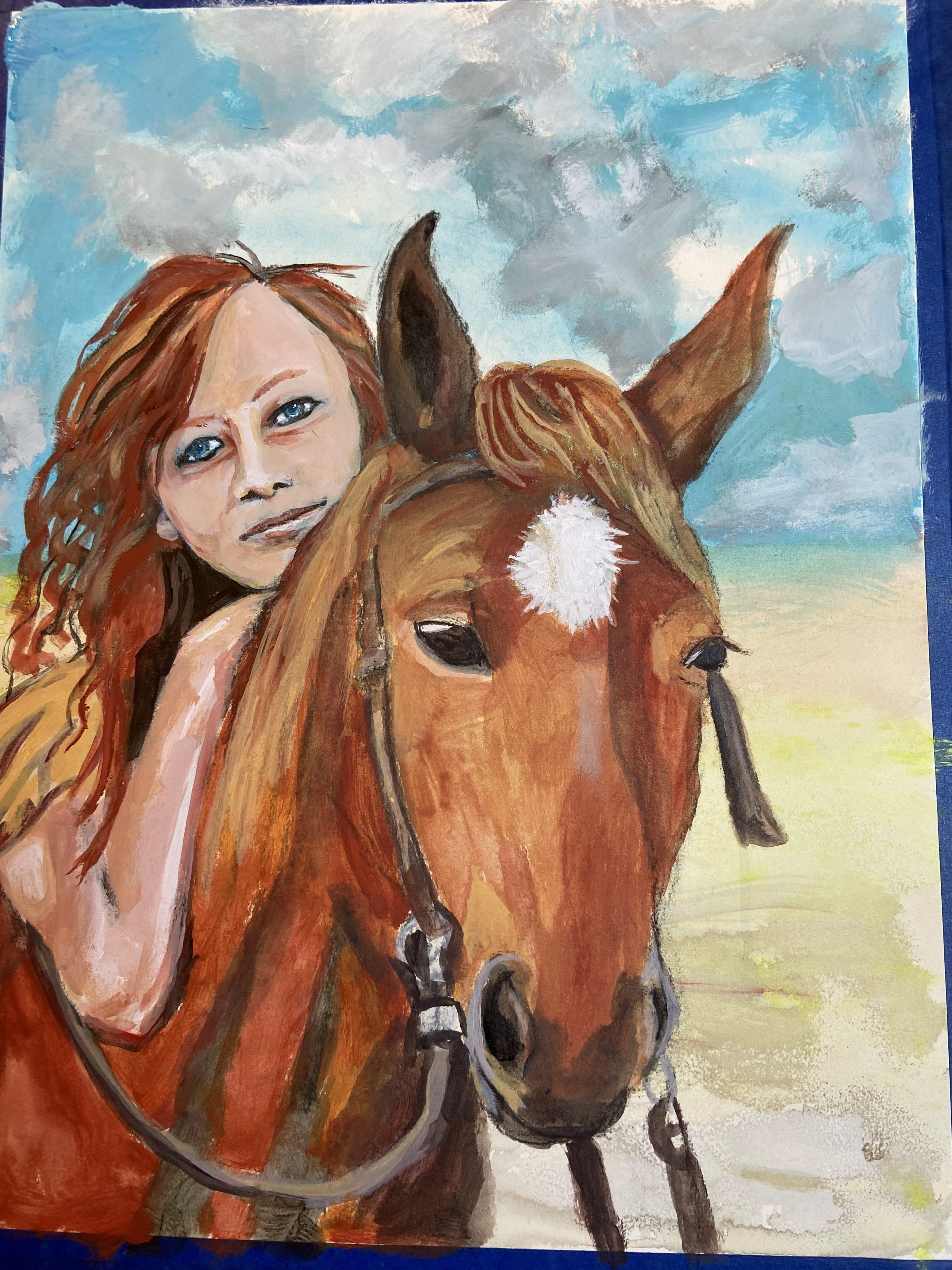Acrylic painting of a woman on a horse. 