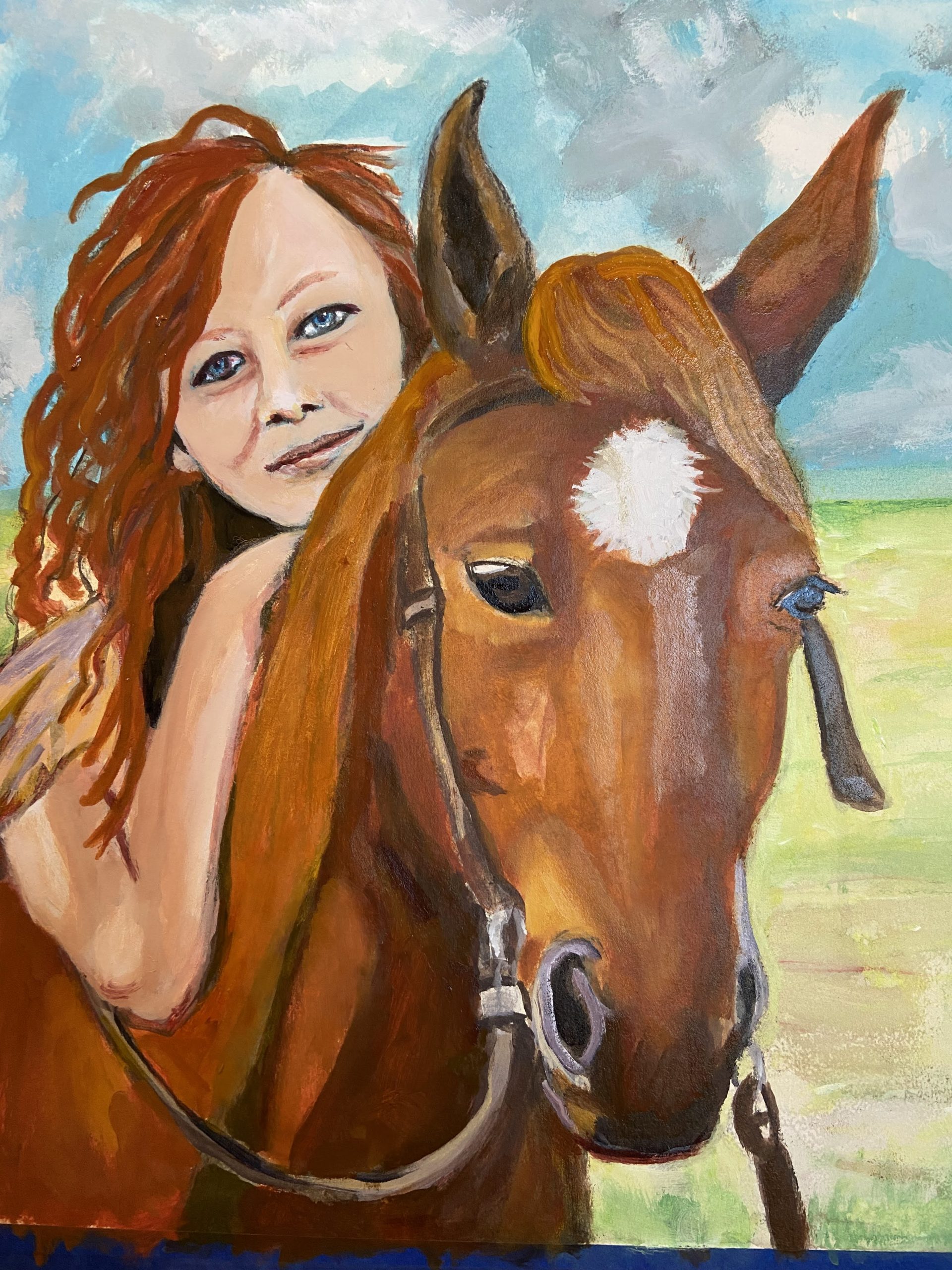 Acrylic painting of a young woman with leaning against the neck of her sorrel horse. 