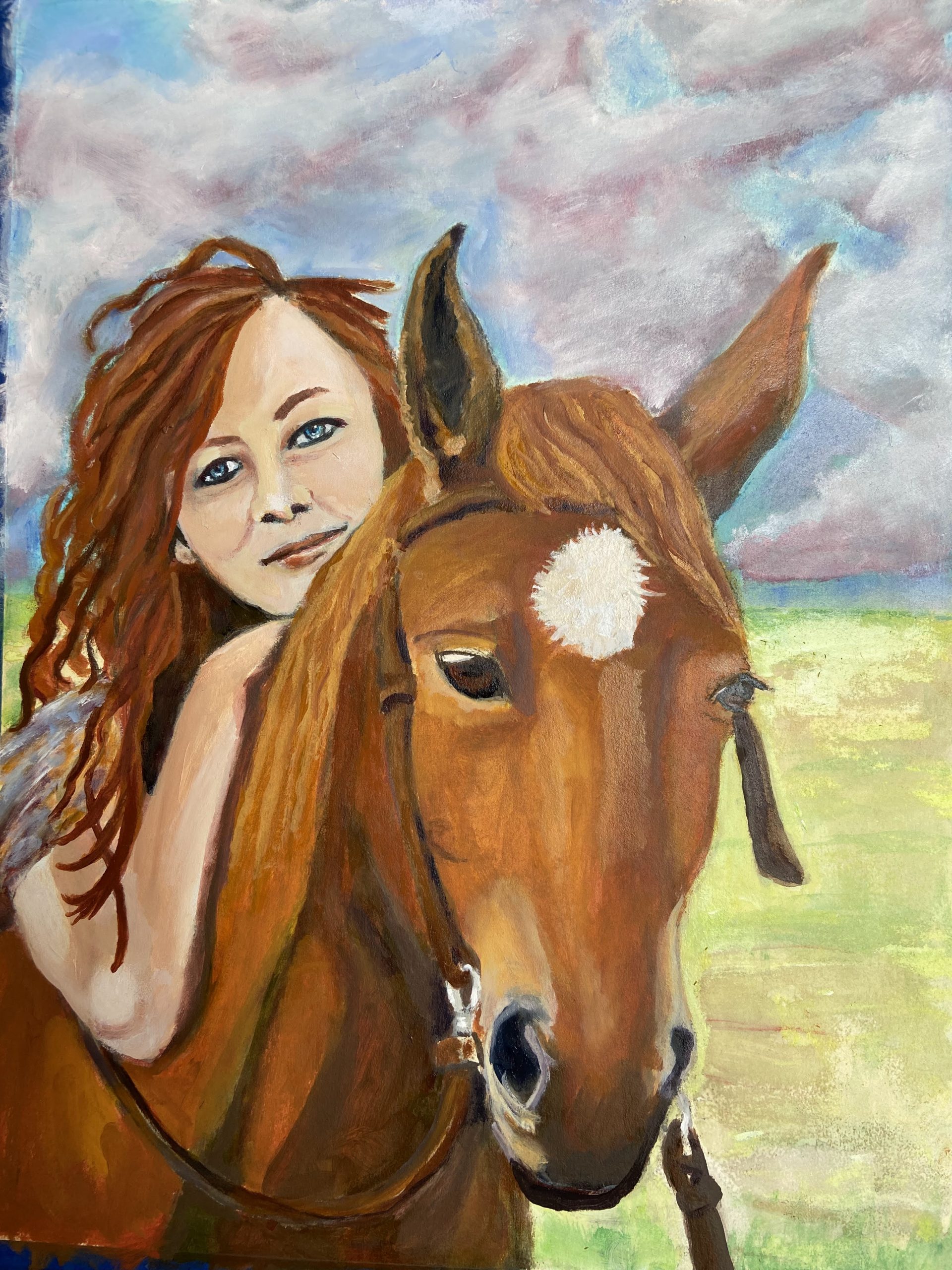 Acrylic painting of a young woman with leaning against the neck of her sorrel horse.  The sky is heavy with purple clouds