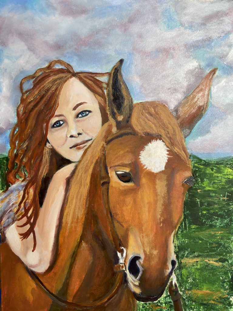 Acrylic painting of a young woman with leaning against the neck of her sorrel horse.  The sky is heavy with purple clouds. The foreground has been embellished with a dark green cold wax medium. 