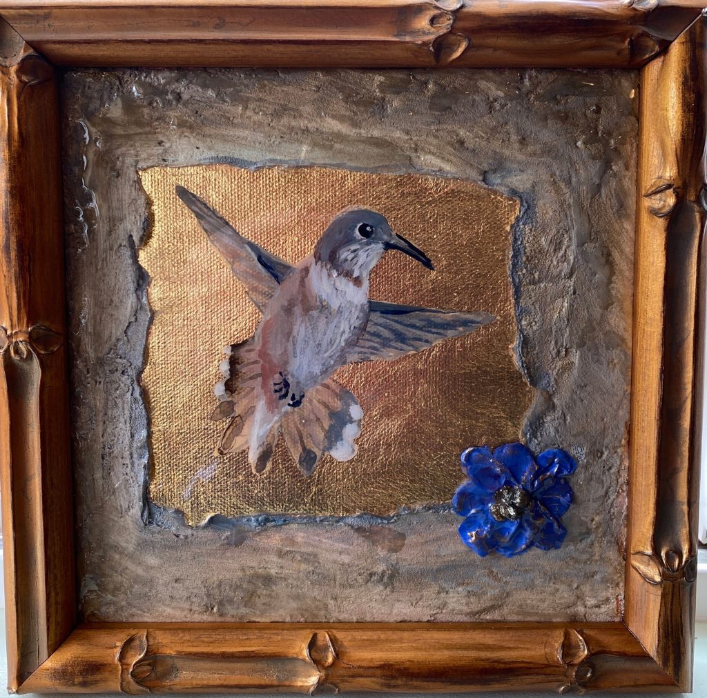 Painting of a female hummingbird painted on gold leaf. 