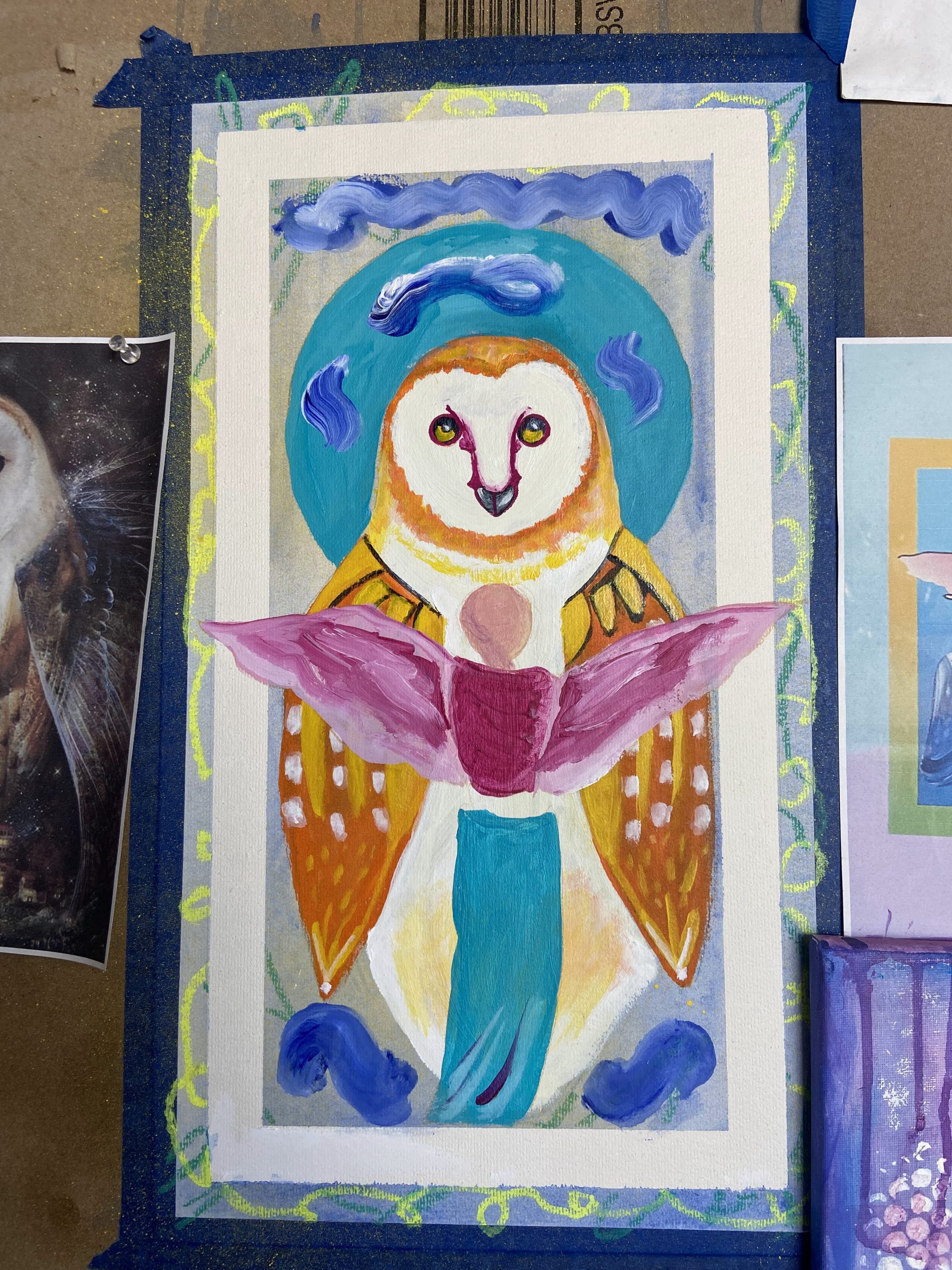 Bright painting of a stylized owl and angel