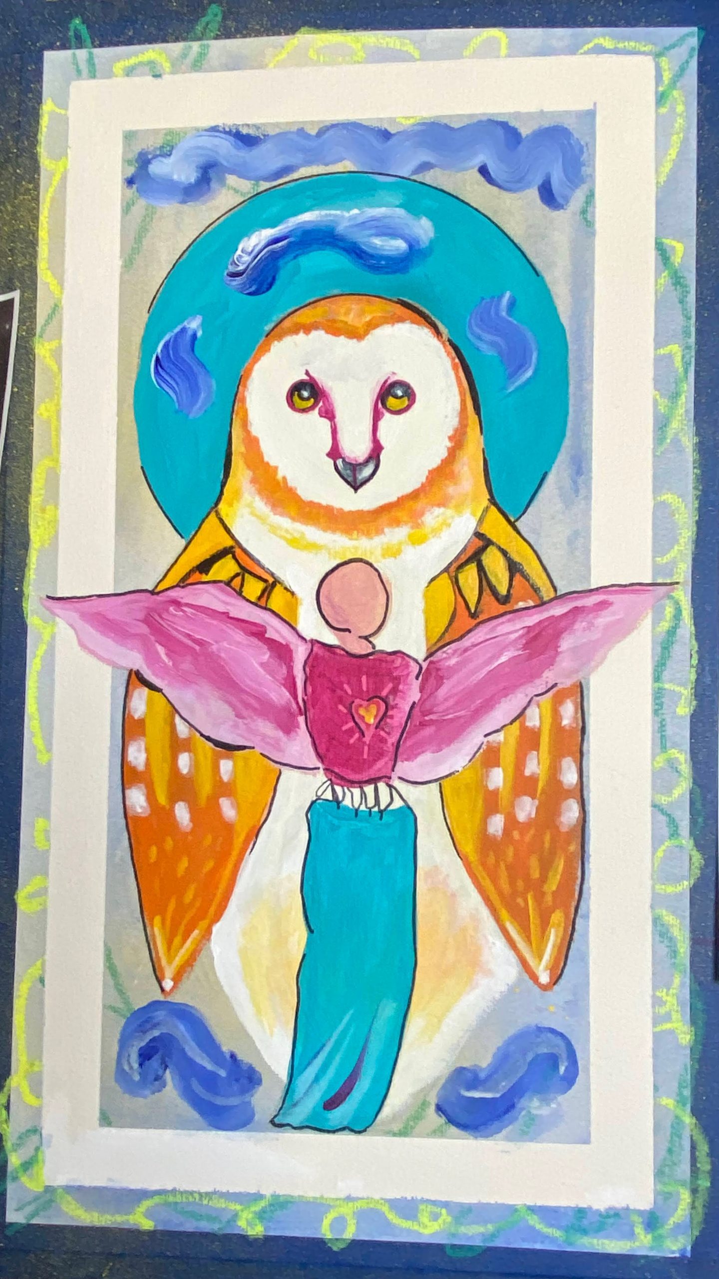 Bright painting of a stylized owl and angel.