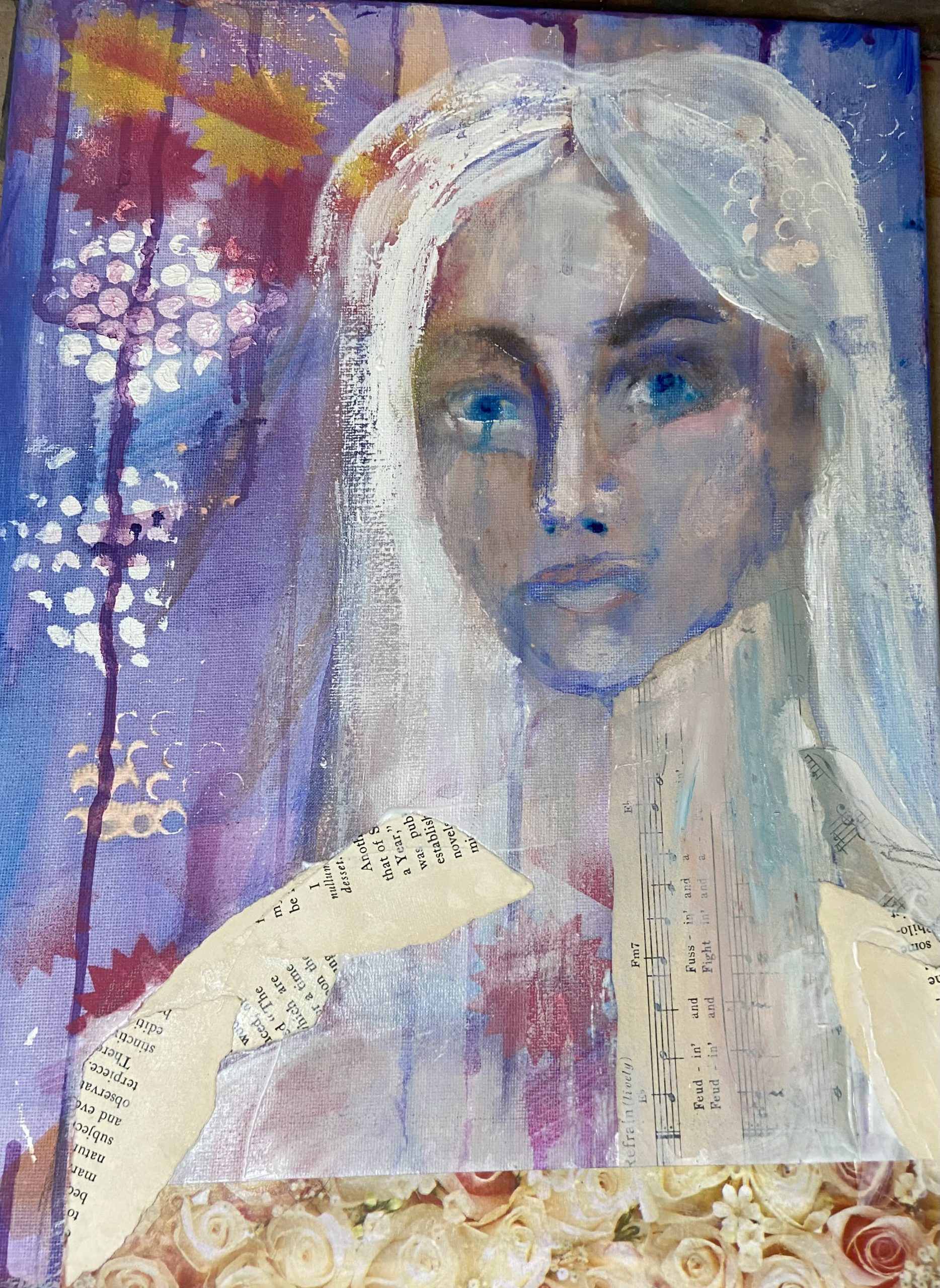 Portrait of a woman with collage elements to define her neck and shoulder.