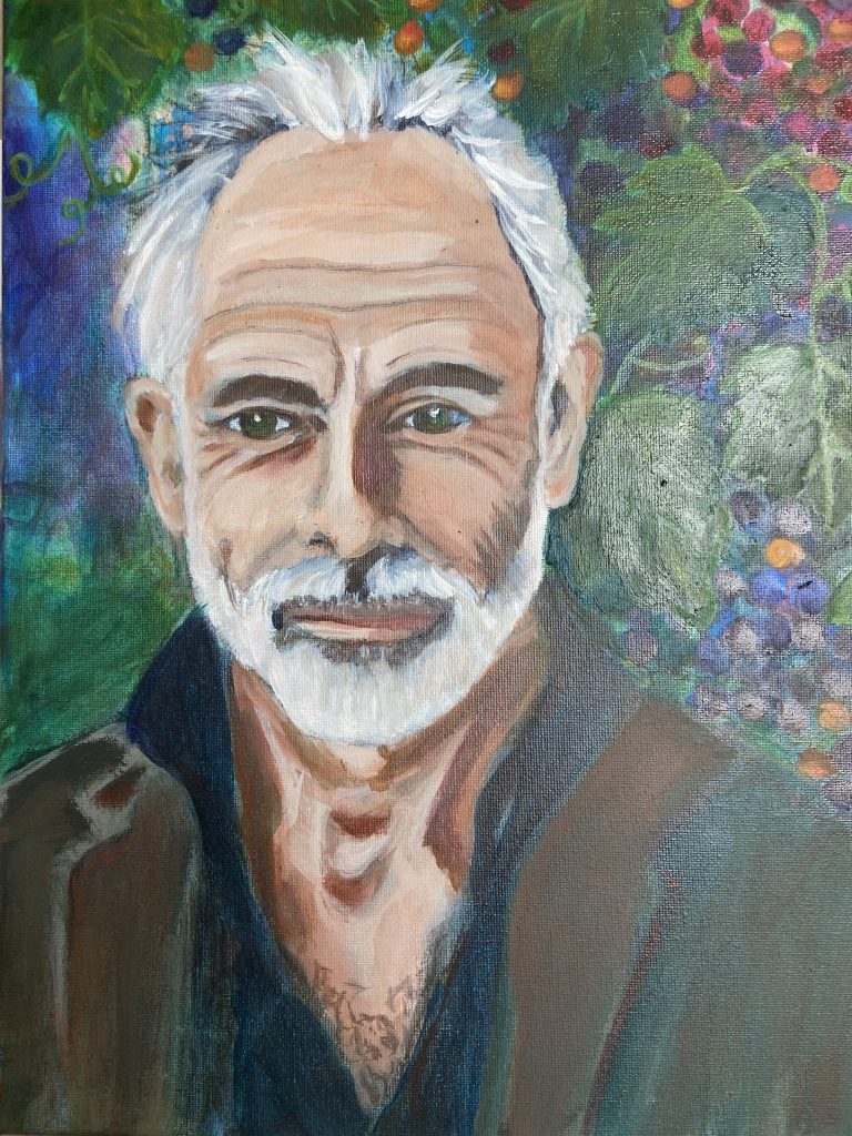 Portrait of a mature man surrounded by grapes with oil paint embellishment