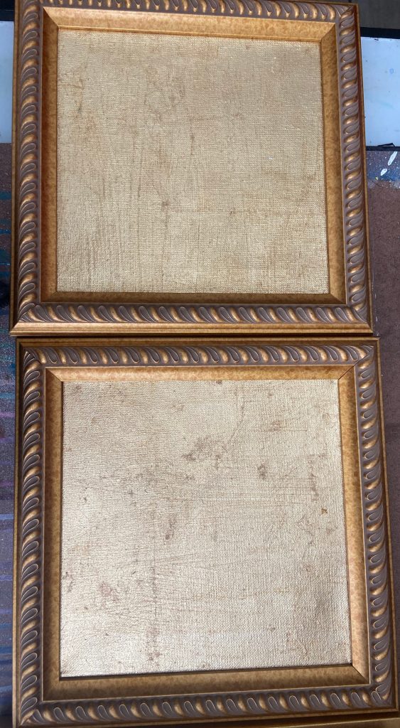 Two canvases and frames with gold metal leaf applied. 