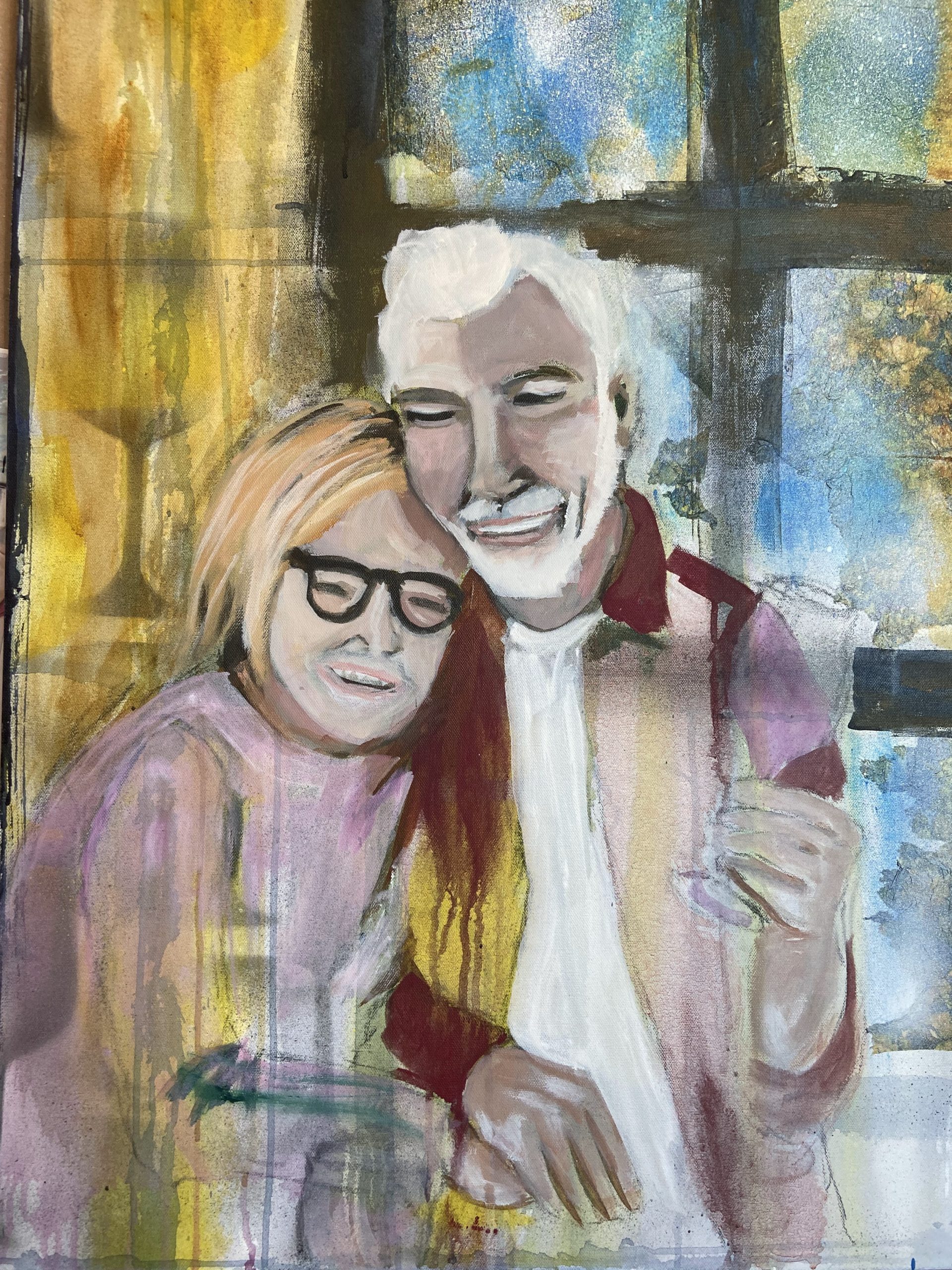 Canvas showing a couple drinking wine and hugging each other 