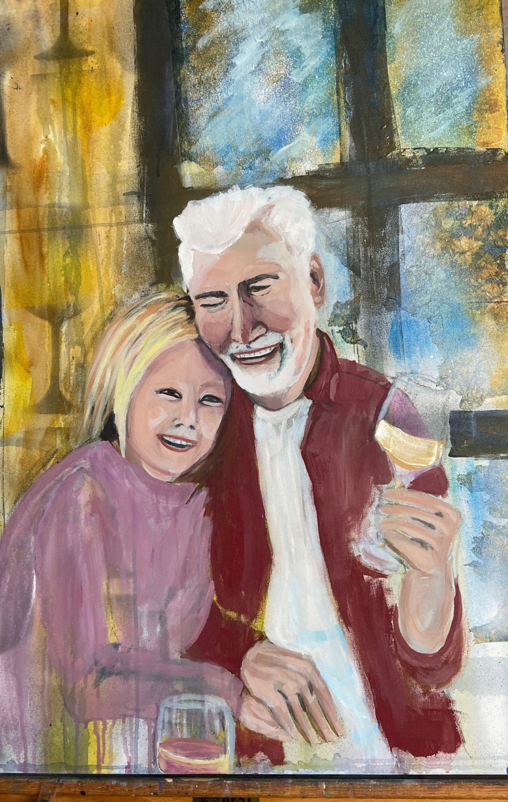 Draft version of a painting showing a couple drinking wine and hugging each other 