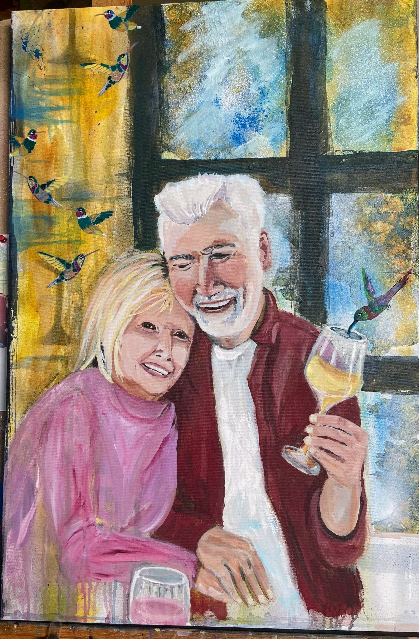 Canvas showing a couple drinking wine and hugging each other 