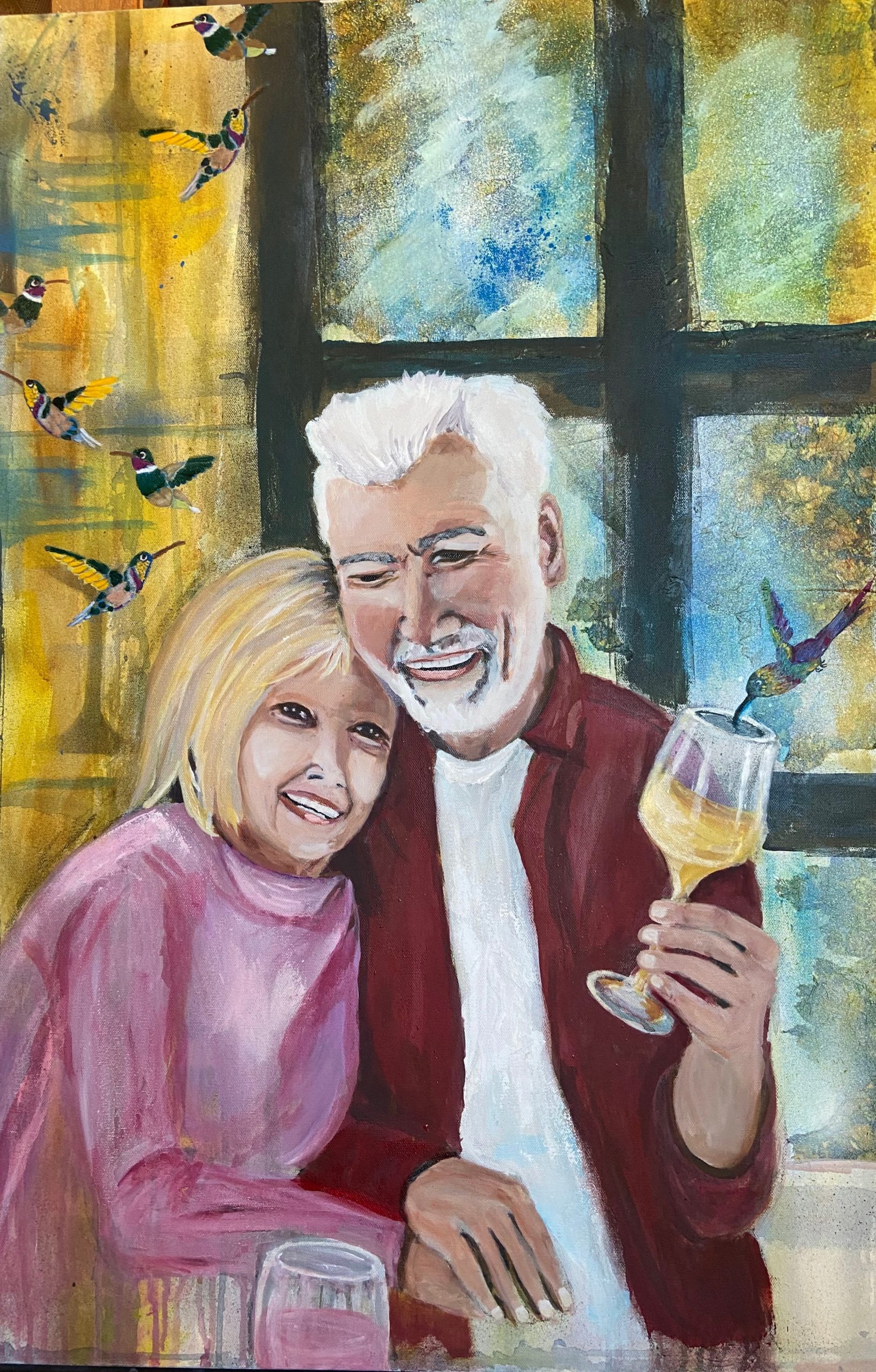 Older happy couple drinking wine painted with acrylics and oils