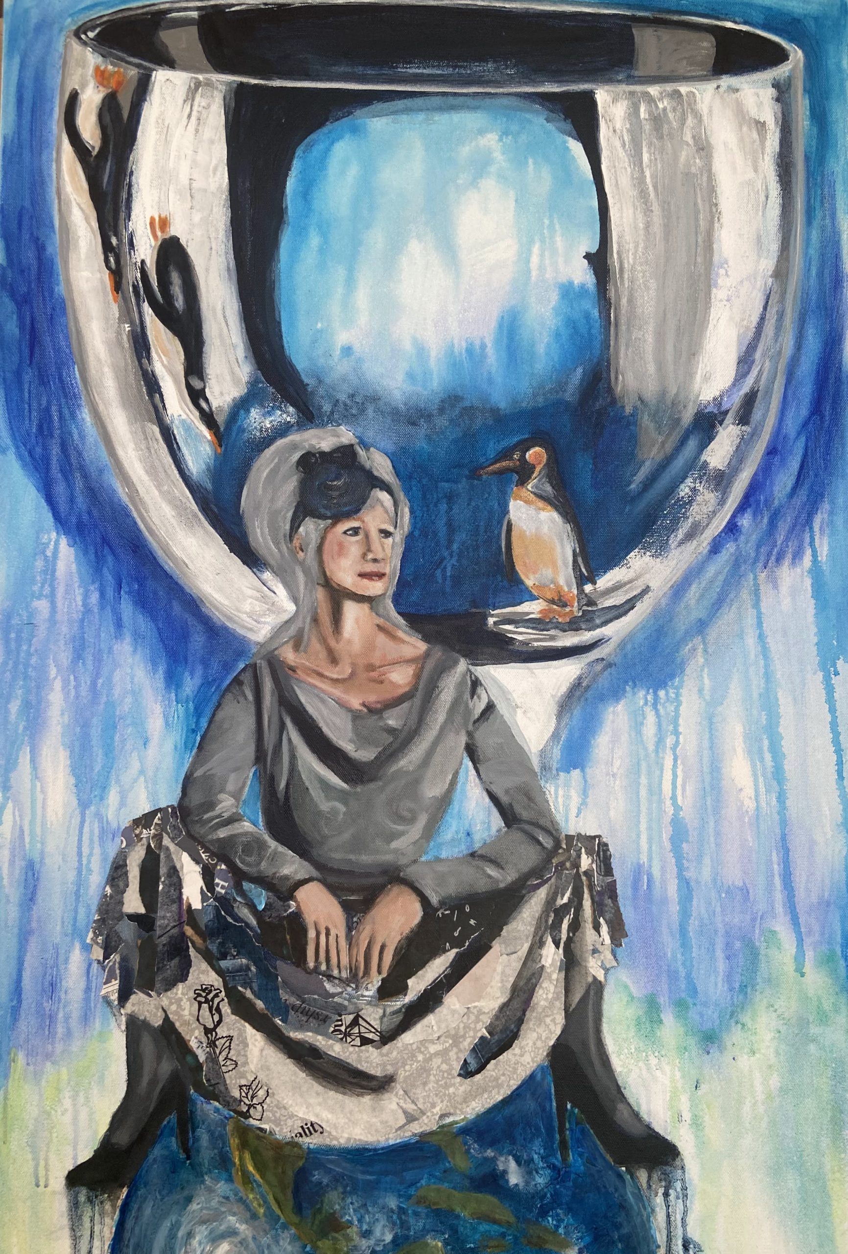 Painting of a woman sitting on top of the world