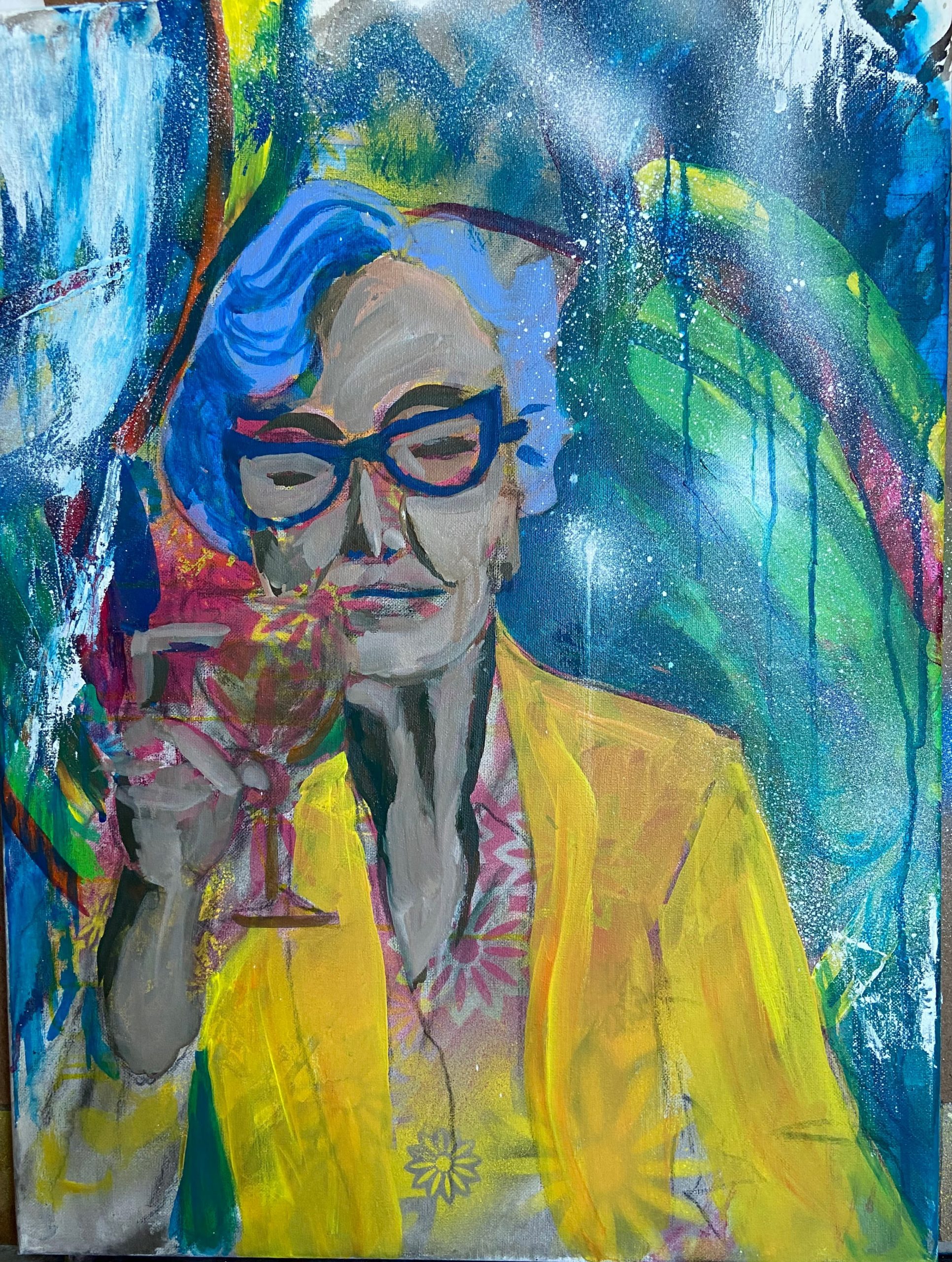 Underpainting showing a woman lifting a glass of wine.