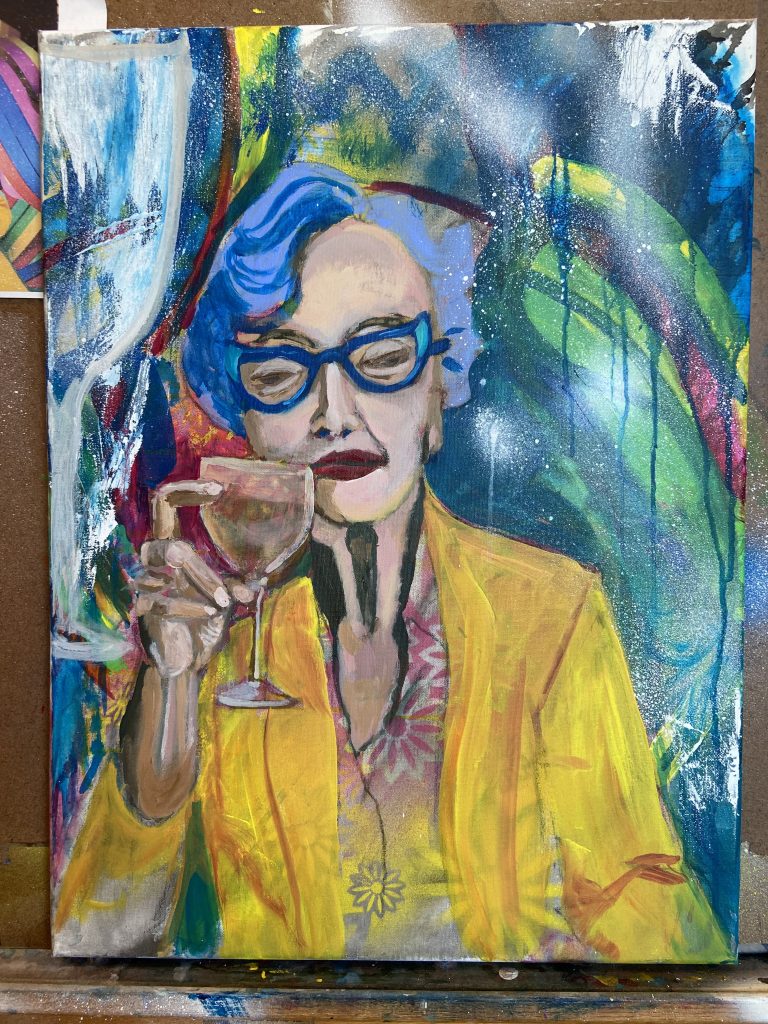 Painting fo a older woman raising a glass of wine. 