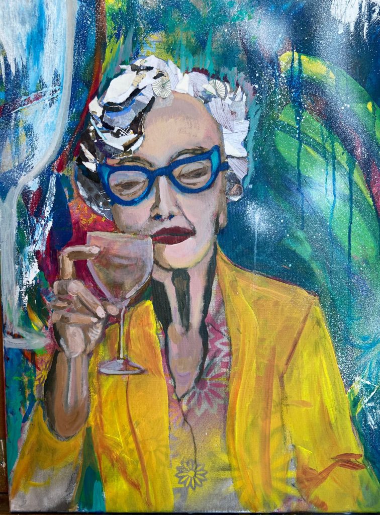 Painting of an older woman rasing a wine glass. 