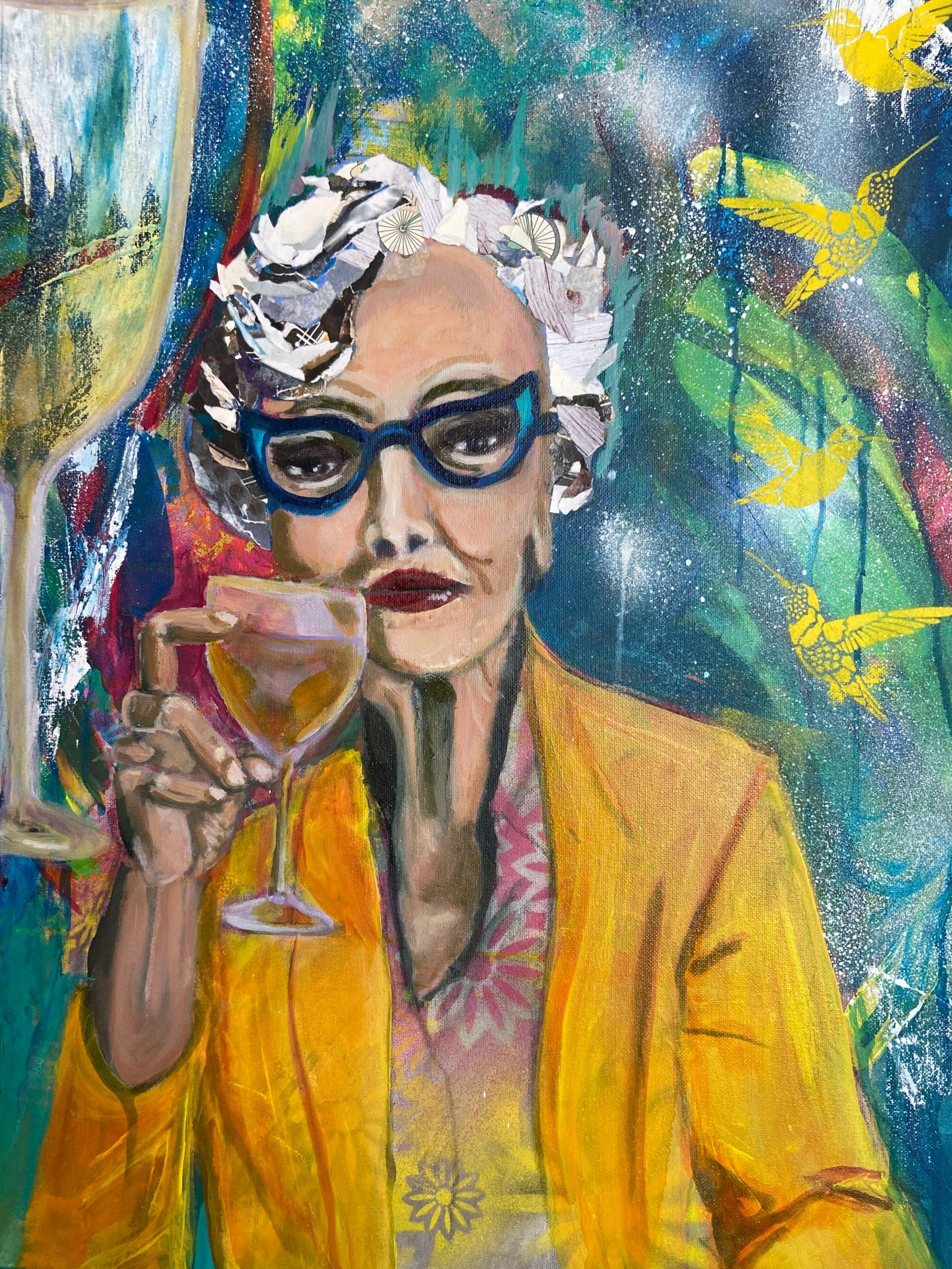 Mixed media painting of a fashionable older woman raising a glass of wine. 