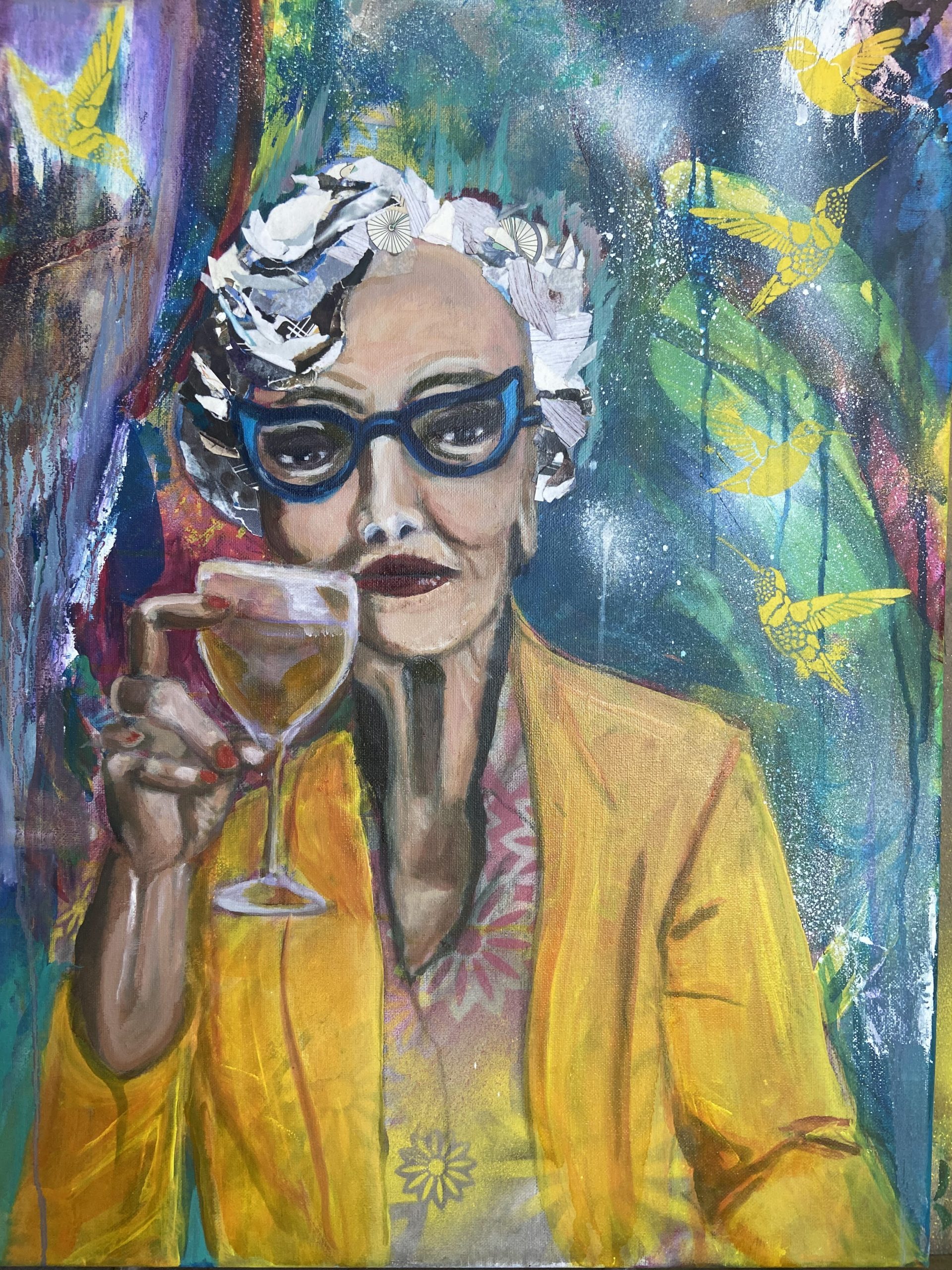 Mixed media painting of a fashionable older woman raising a glass of wine. 