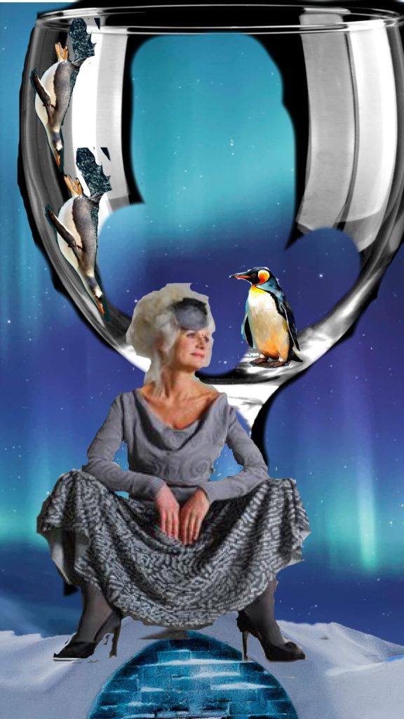Reference photo comprised of a woman sitting of an igloo framed by a wine goblet with penguins. 