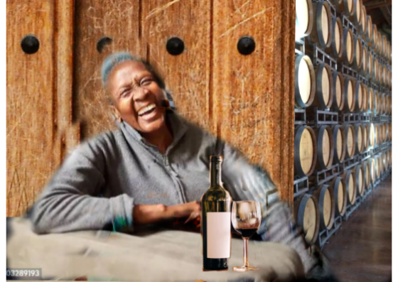 Photo of a black woman laughing as she enjoys a glass of wine in her winery. 