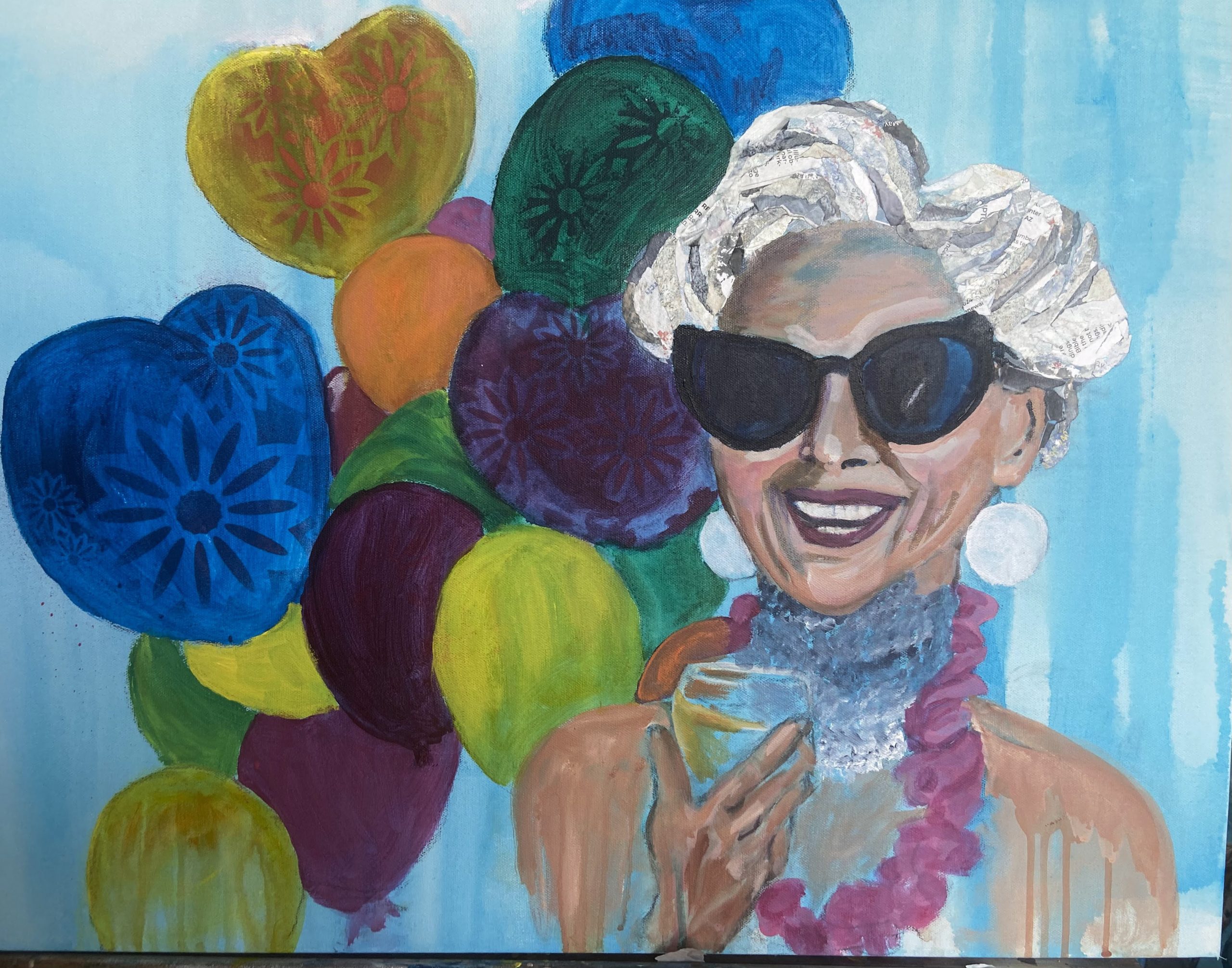 Painting of a happy senior lady smiling and holding a glass of wine against a backdrop of balloons.