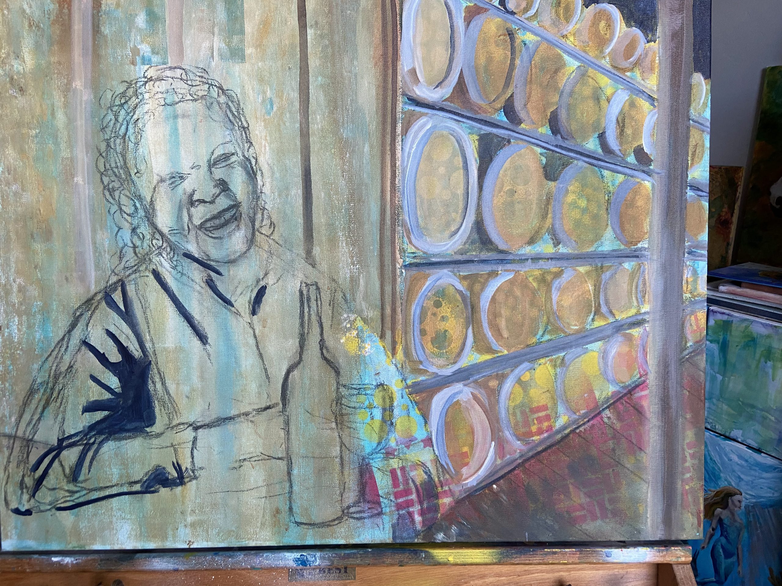 Third layer of the painting titled "Barrels of Fun" showing the initial underpainting 