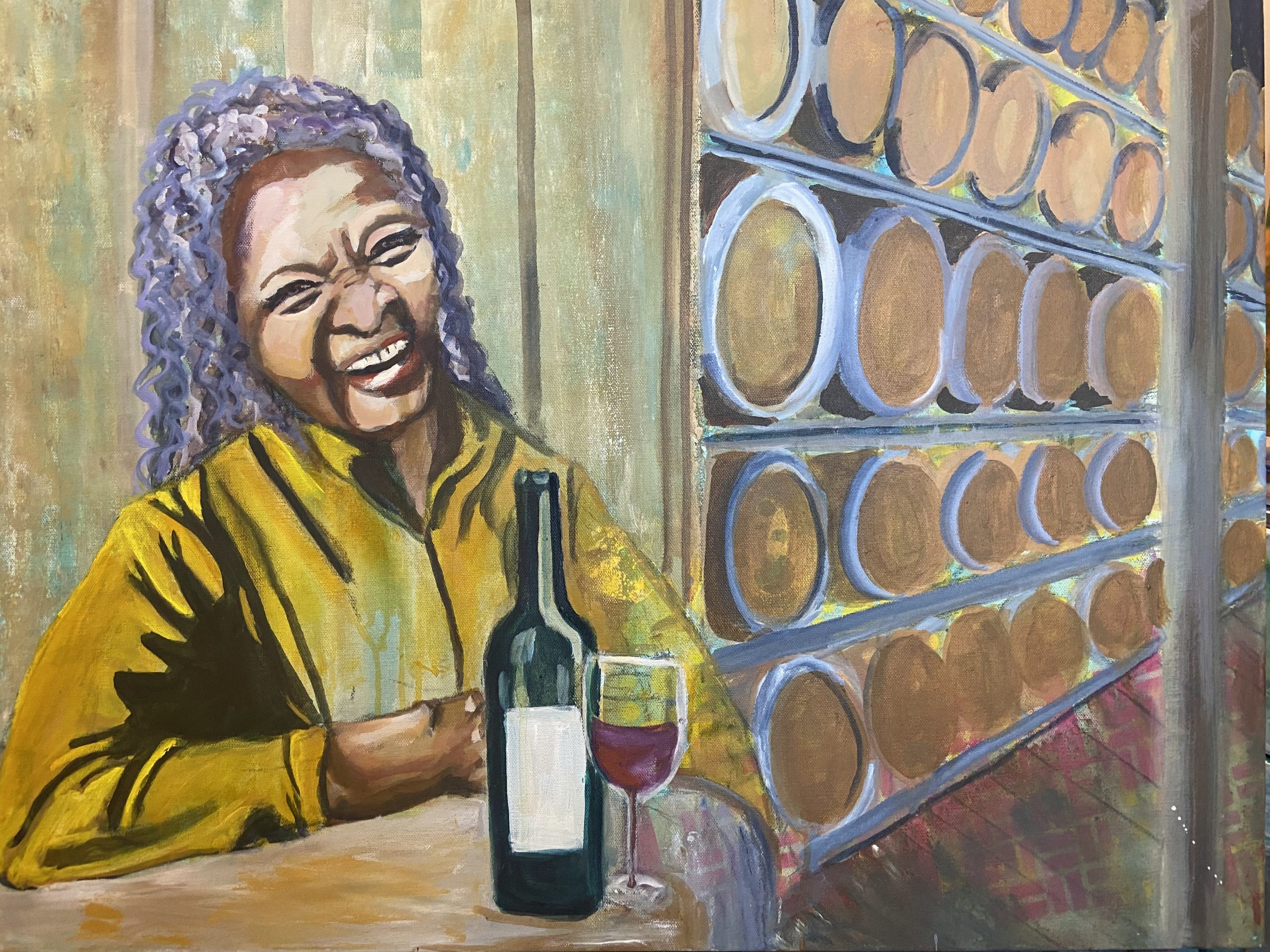 Fourth layer of the painting titled "Barrels of Fun" showing layers of color on the woman's shirt, the bottle of wine and glass, and the wine barrels. 