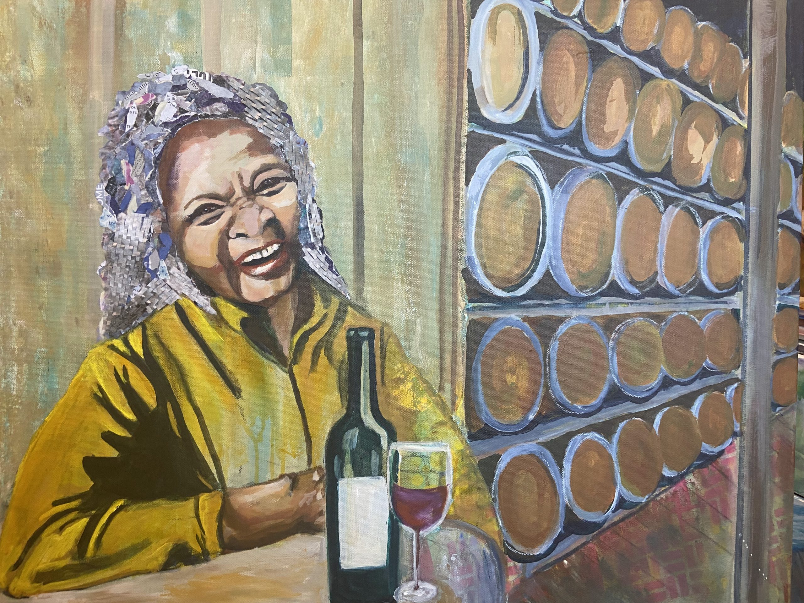 The beginning of the collage process on the woman's hair in the painting titled "Barrels of Fun."