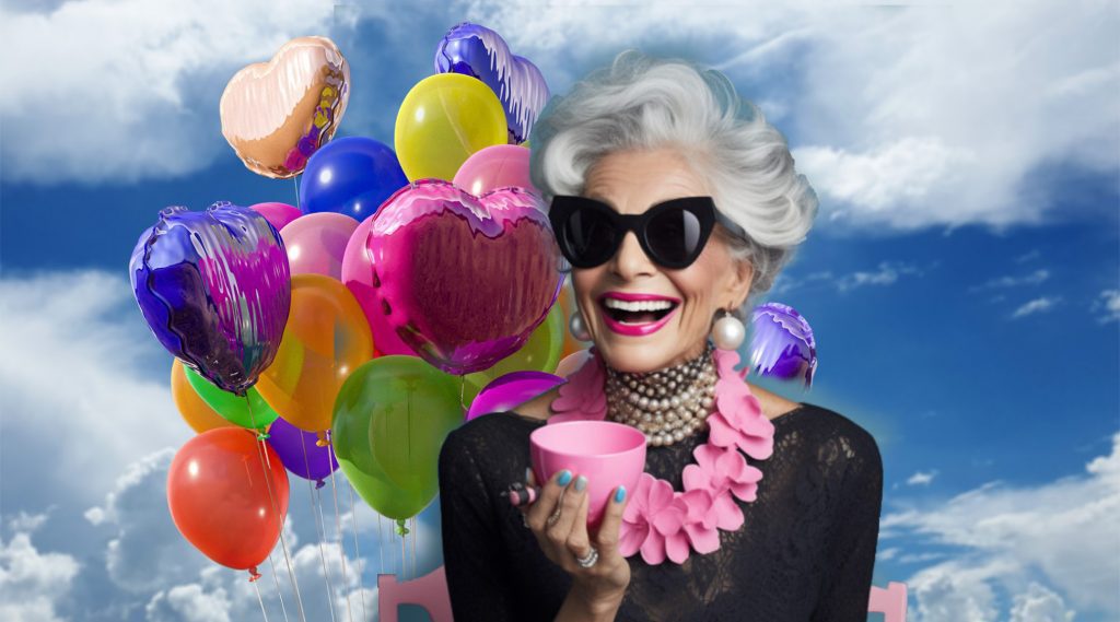 Reference Photo showing a senior lady smiling and holding a cup of tea against a backdrop of balloons and a bright sky. 